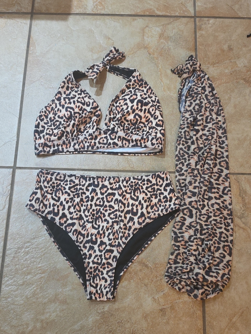 Leopard Print High-Waist Bikini Set with Cover Up